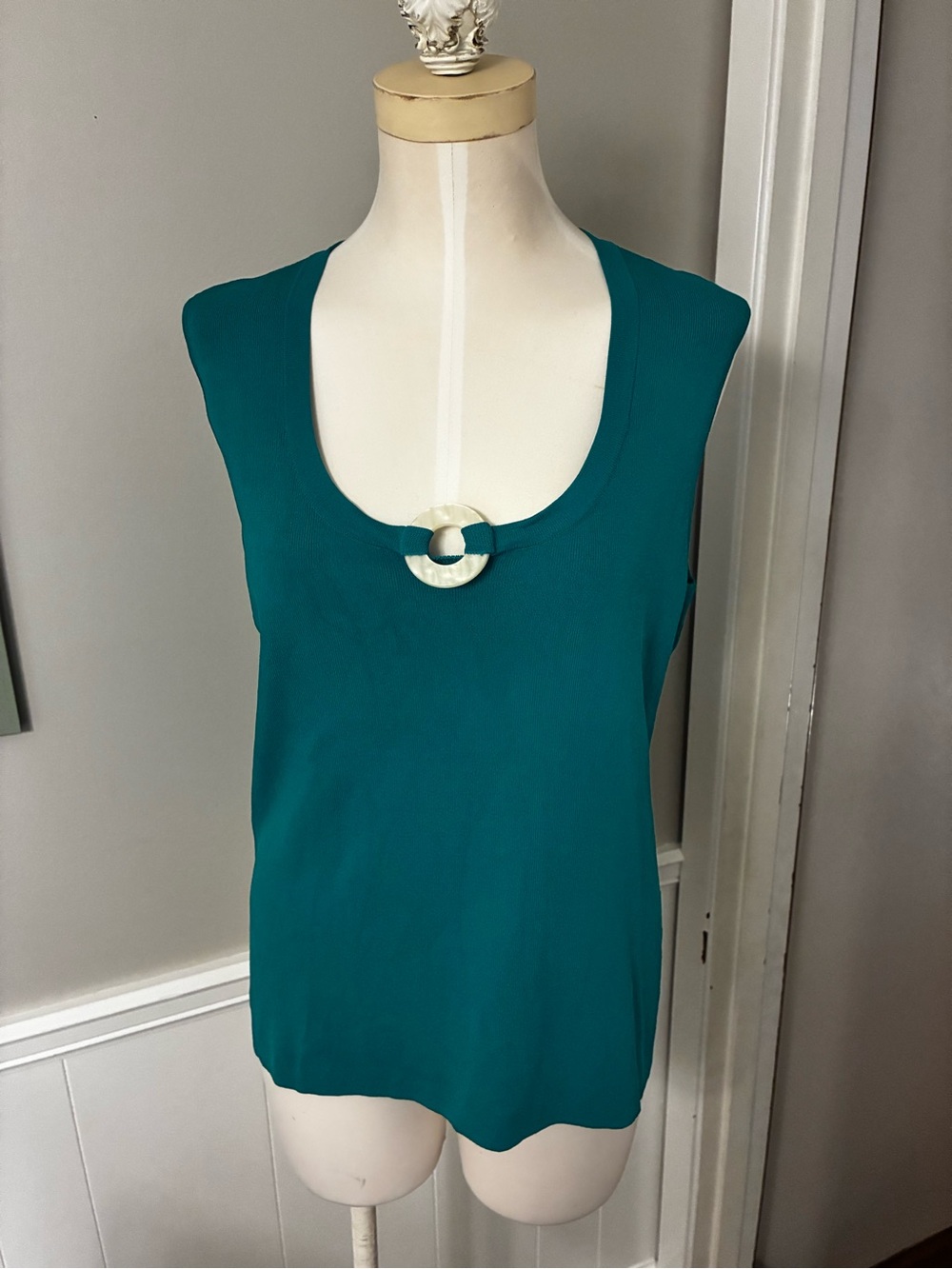 Cable & Gauge Teal Scoop-Neck Sleeveless Top with Round Mother-of-Pearl Accent